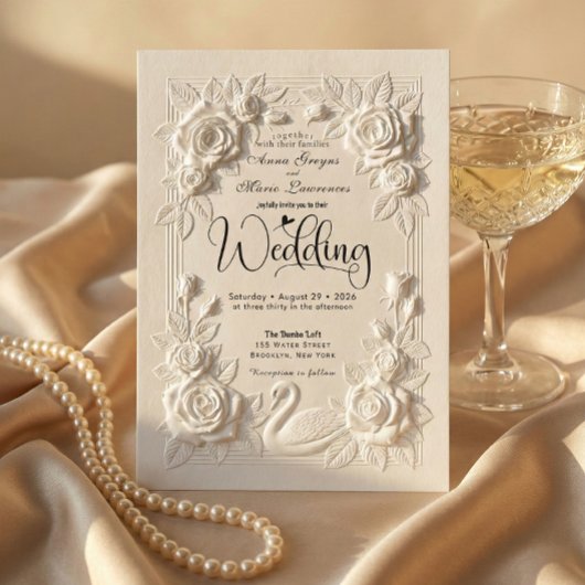 Victorian Faux Embossed Swan & Rose Wedding 招待状