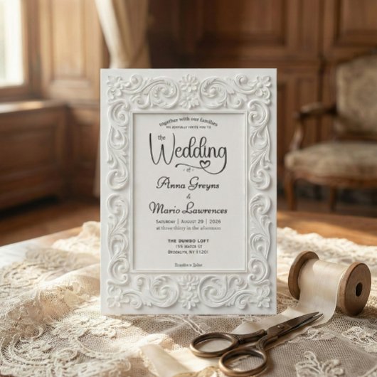 Victorian Filigree Frame Elegant White Wedding 招待状