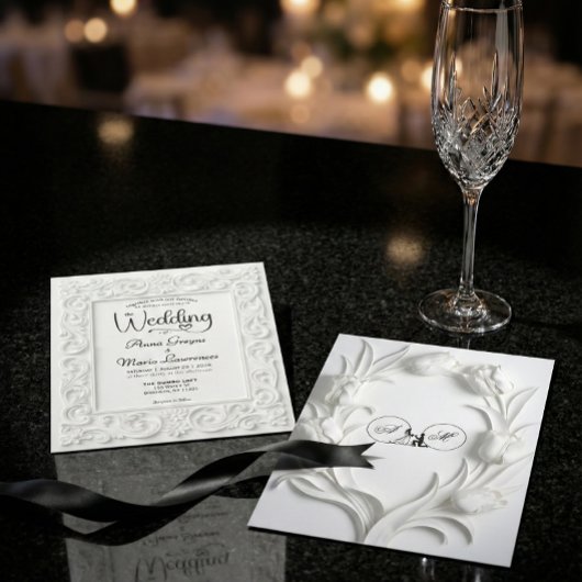 Victorian Filigree Frame Elegant White Wedding 招待状