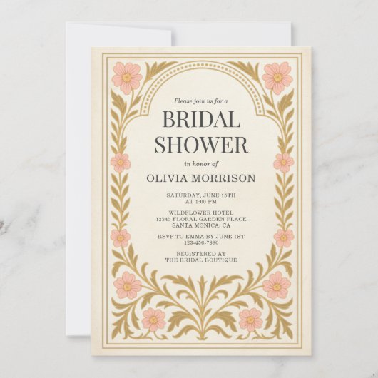 Victorian Floral Art Nouveau QR Code Bridal Shower 招待状 (正面)