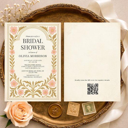 Victorian Floral Art Nouveau QR Code Bridal Shower 招待状