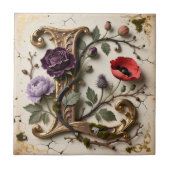 Victorian Floral Gold Letter L Monogram タイル (正面)