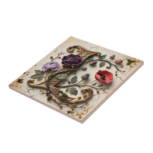 Victorian Floral Gold Letter L Monogram タイル (側面)