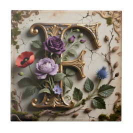 Victorian Floral Patina Letter F Monogram タイル