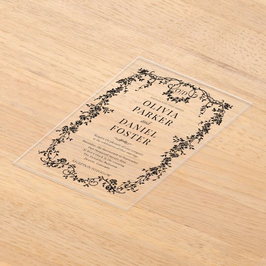 Victorian French Black Ornate Wedding Monogram アクリル招待状 (レイダウン)