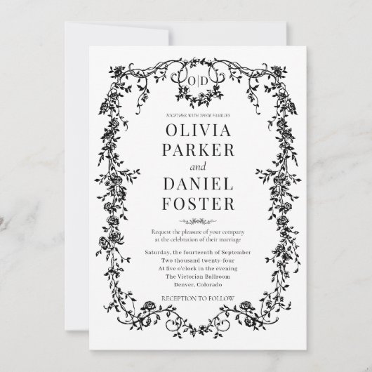 Victorian French Black Ornate Wedding Monogram 招待状 (正面)