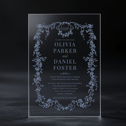 Victorian French Dusty Blue Wedding Monogram アクリル招待状