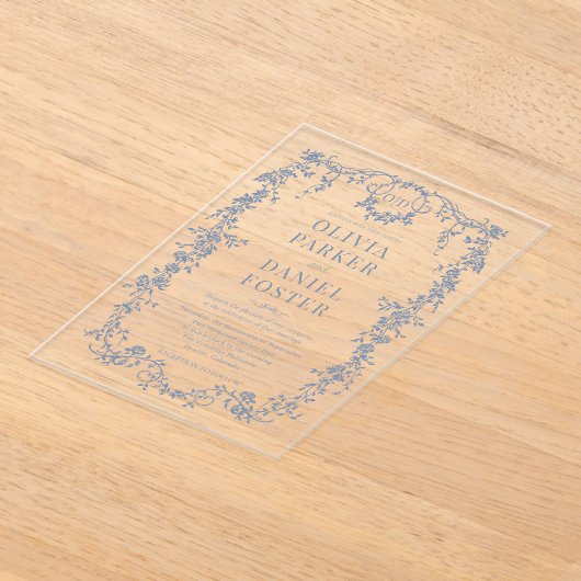 Victorian French Dusty Blue Wedding Monogram アクリル招待状 (レイダウン)