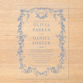 Victorian French Dusty Blue Wedding Monogram アクリル招待状 (正面)