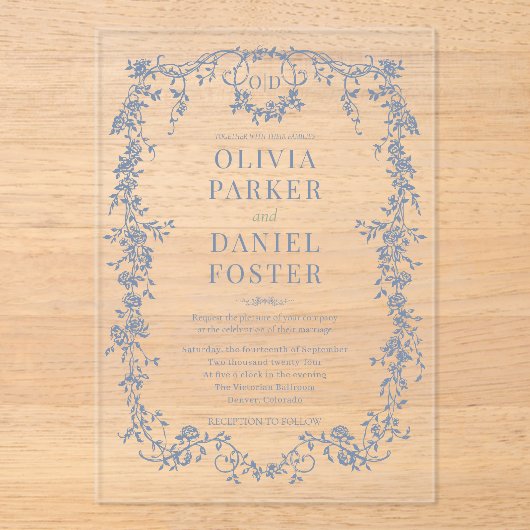 Victorian French Dusty Blue Wedding Monogram アクリル招待状 (正面)