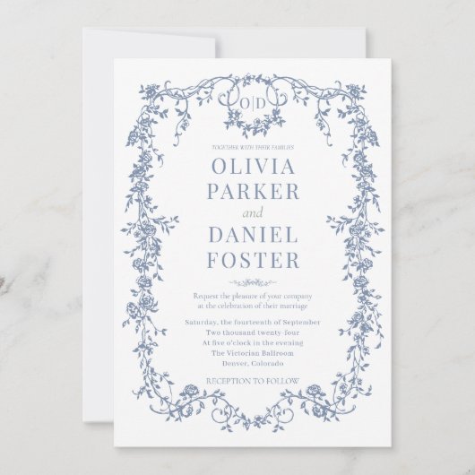 Victorian French Dusty Blue Wedding Monogram 招待状 (正面)