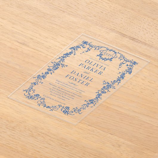 Victorian French Royal Blue Wedding Monogram アクリル招待状 (レイダウン)