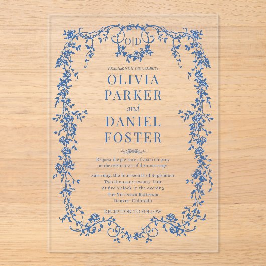 Victorian French Royal Blue Wedding Monogram アクリル招待状 (正面)