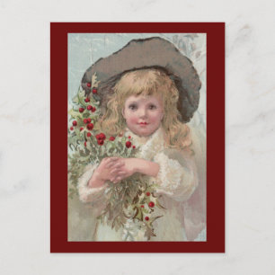 Victorian Girl with Christmas Holly シーズンポストカード