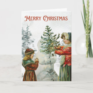 Victorian Girls Building a Snowman  カード