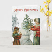 Victorian Girls Building a Snowman  カード (黄色い花)