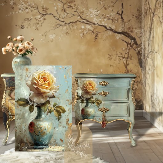 Victorian Glam Golden Rose Teal Vase Oil Impasto 薄葉紙