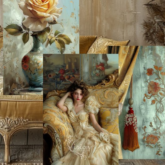 Victorian Glam Rose Drape Portrait Gold Teal Set ラッピングペーパーシート