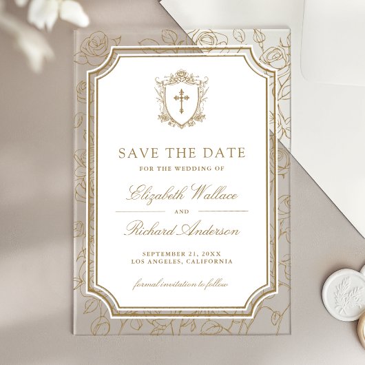 Victorian Gold Catholic Wedding Save the Date アクリル招待状