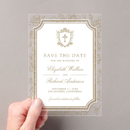 Victorian Gold Catholic Wedding Save the Date アクリル招待状 (インサイチュ (ポータブル))