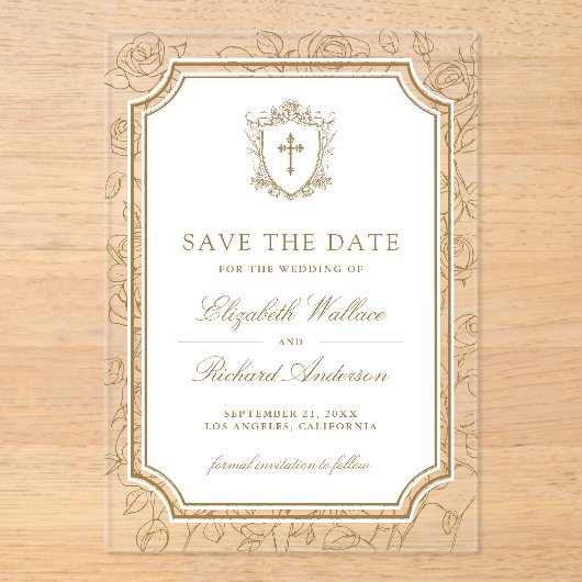 Victorian Gold Catholic Wedding Save the Date アクリル招待状 (正面)