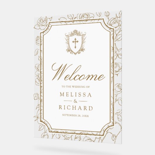 Victorian Gold Catholic Wedding Welcome アクリルサイン (傾斜)