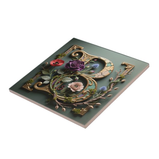 Victorian Gold Teal Letter B Monogram タイル (側面)