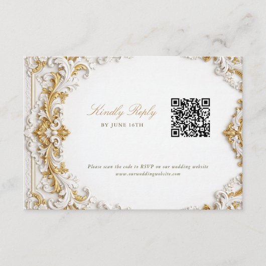 Victorian Gold & White Baroque RSVP with QR Code エンクロージャーカード (正面)