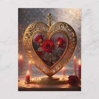 Victorian golden heart with red roses, vintage シーズンポストカード