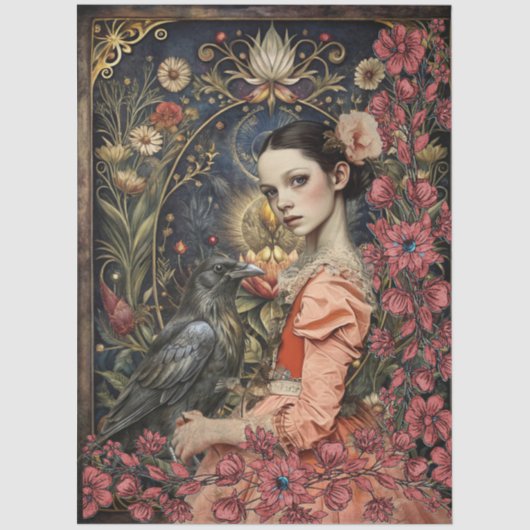 Victorian Gothic Girl & Black Raven Floral Collage 薄葉紙 (正面)