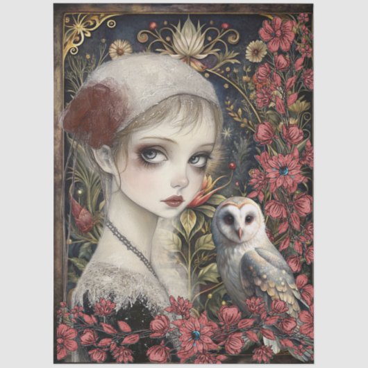 Victorian Gothic Girl White Owl Floral Collage 薄葉紙 (正面)