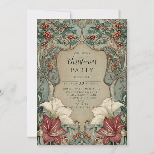 Victorian Holly & Amaryllis Christmas 招待状 (正面)