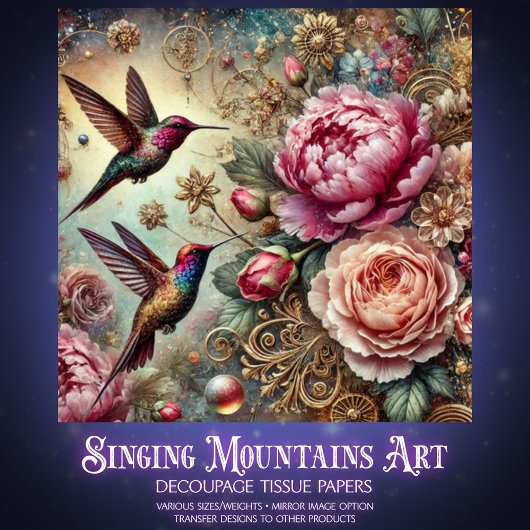 Victorian Hummingbird & Pastel Rose Decoupage  薄葉紙