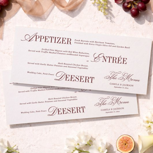 Victorian Ivory and Burgundy Wedding Menu Card 招待状