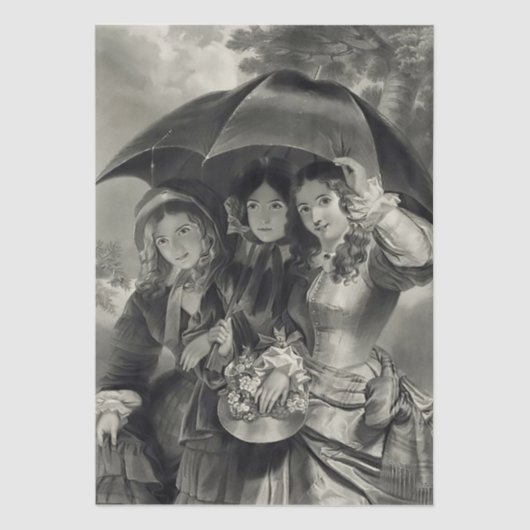 Victorian lady umbrella rainy day black & white 薄葉紙 (正面)