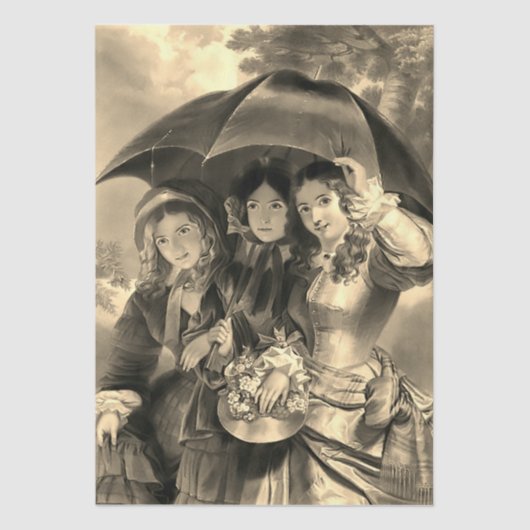 Victorian lady umbrella rainy day sepia 薄葉紙 (正面)