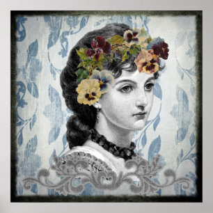 Victorian Lady Woman Pansies on Tapestry ポスター