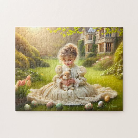 Victorian Little Girl with Bunny & Eggs Easter  ジグソーパズル (横)