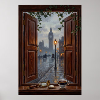 Victorian London Big Ben Rainy Day Oil Painting ポスター