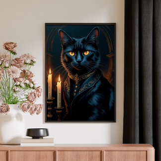  Victorian Medieval Black Cat Gallery Art ポスター