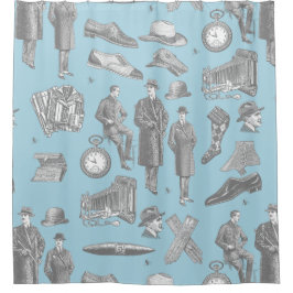 victorian men's style antique menswear toile blue シャワーカーテン