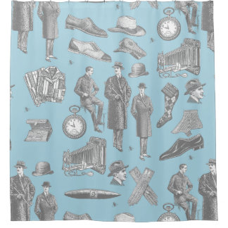 victorian men's style antique menswear toile blue シャワーカーテン