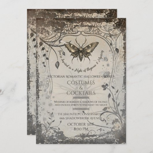 Victorian Moth Gothic Halloween Party Soirée 招待状 (正面/裏面)