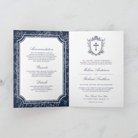 Victorian Navy Blue Catholic QR Code Wedding 招待状 (内部)