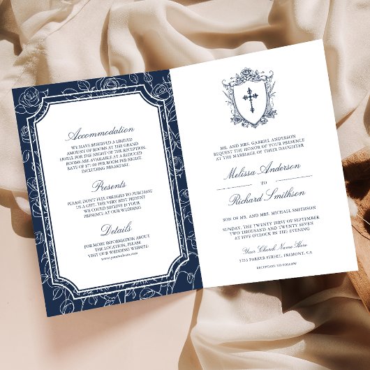 Victorian Navy Blue Catholic QR Code Wedding 招待状