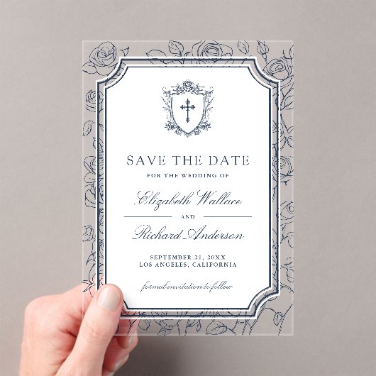 Victorian Navy Blue Catholic Wedding Save the Date アクリル招待状 (インサイチュ (ポータブル))