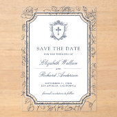 Victorian Navy Blue Catholic Wedding Save the Date アクリル招待状 (正面)