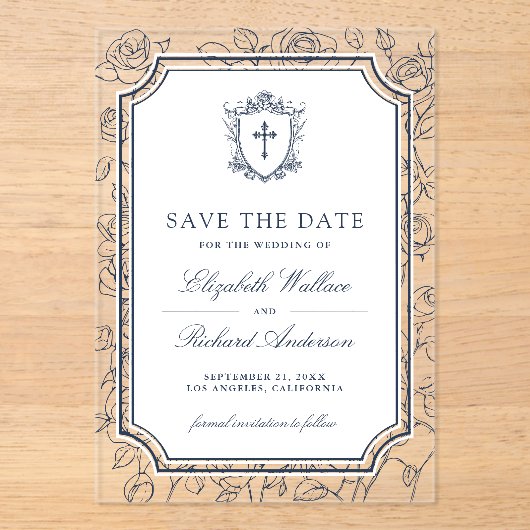 Victorian Navy Blue Catholic Wedding Save the Date アクリル招待状 (正面)