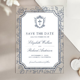 Victorian Navy Blue Catholic Wedding Save the Date アクリル招待状