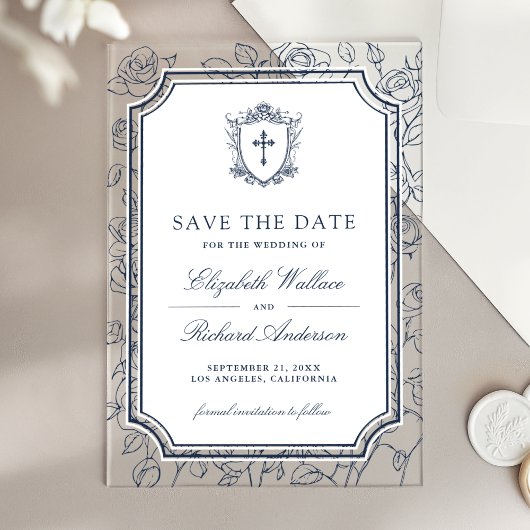 Victorian Navy Blue Catholic Wedding Save the Date アクリル招待状